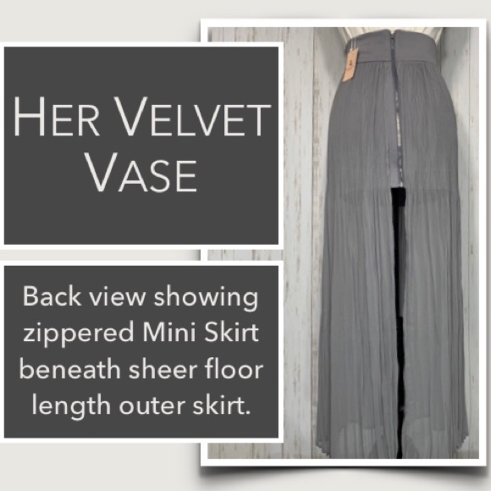 HerVelvetVase “Poetry Pleat” Gray Sheer Maxi Skirt Over Mini Skirt, NWT Small - Picture 7 of 8